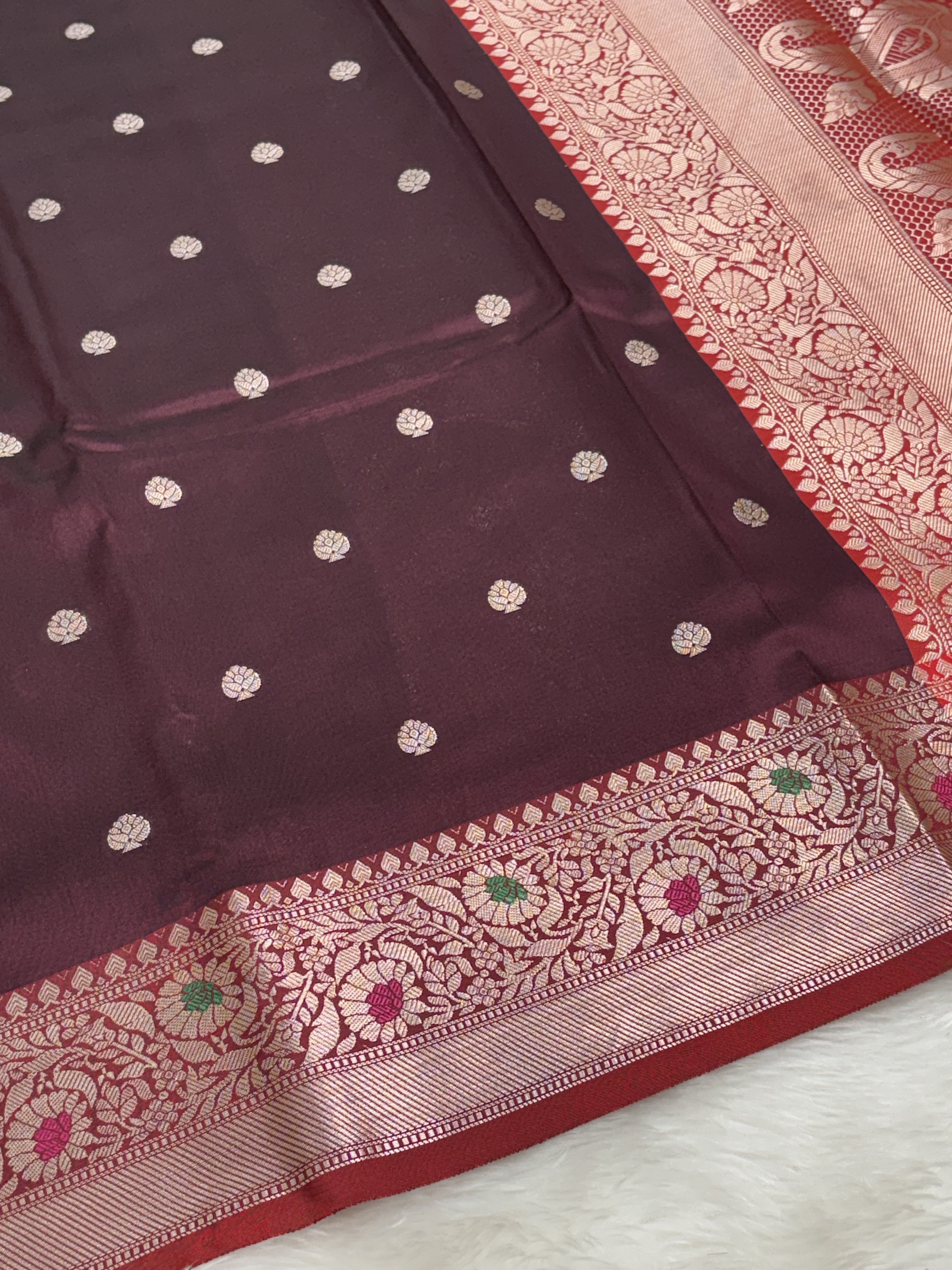Antique Wine Purple Banarasi Minakari Border Katan Silk Buti Weaving Saree