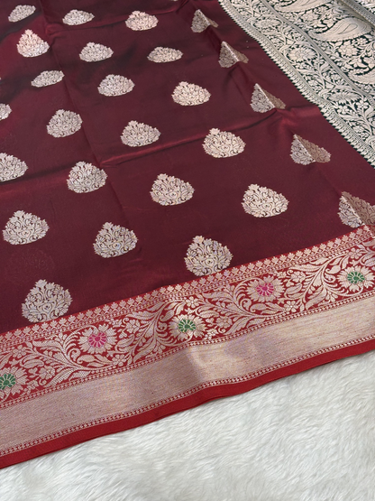 Deep Wine Red Banarasi Buta Katan Silk Saree with Minakari Borde