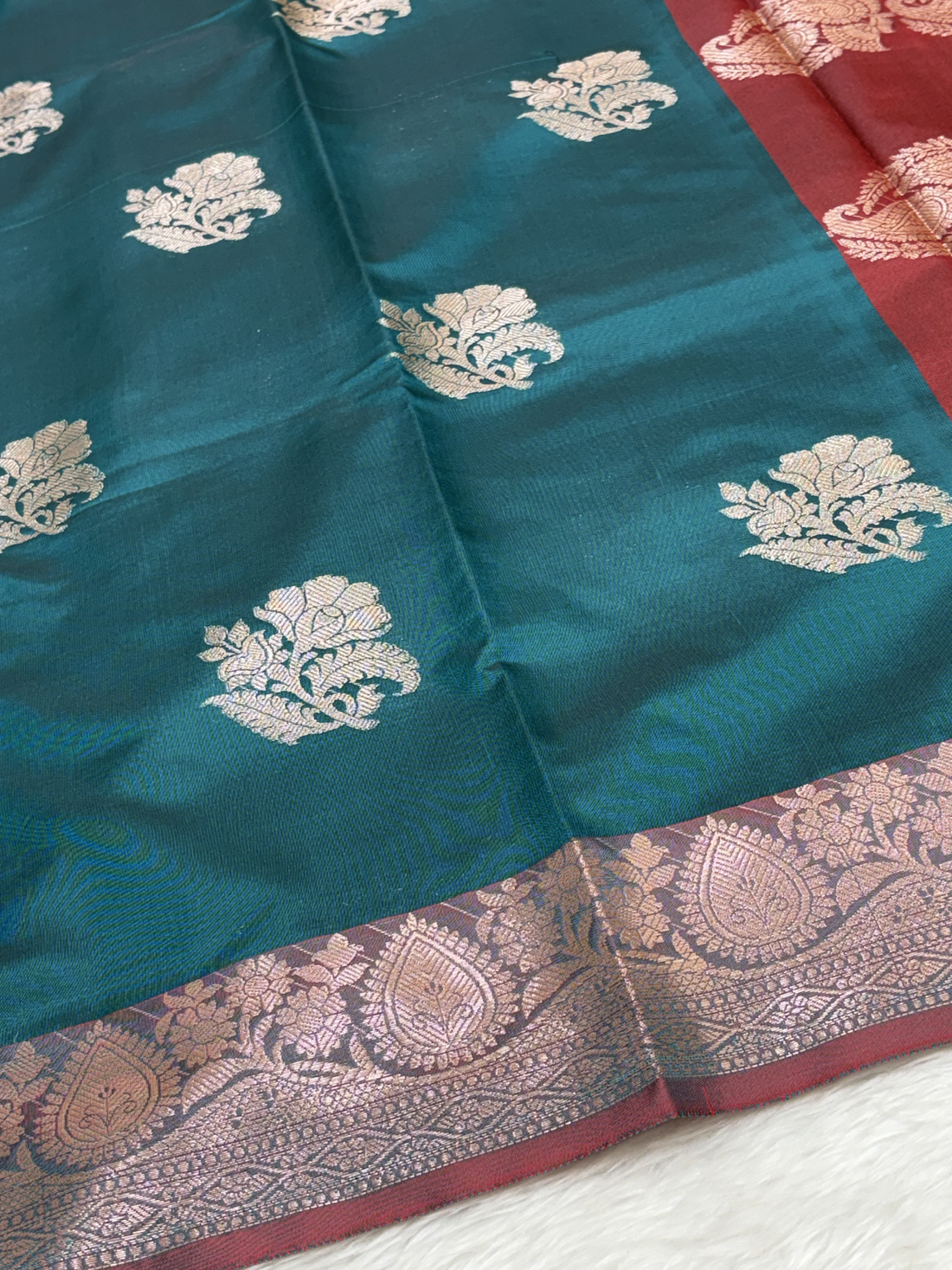 Deep Teal Blue Soft Banarasi Katan Silk Buta Saree