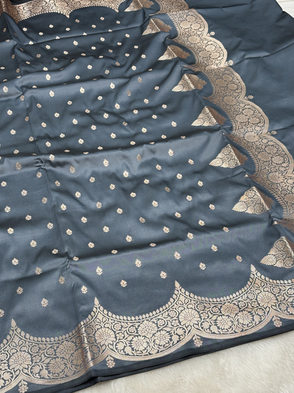 Smoky Steel Grey Scallops Border Banarasi Katan Buti Saree