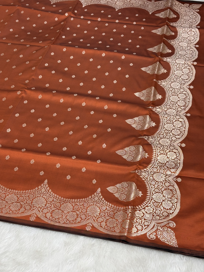 Burnt Tangerine Orange Scallops Border Banarasi Katan Buti Saree