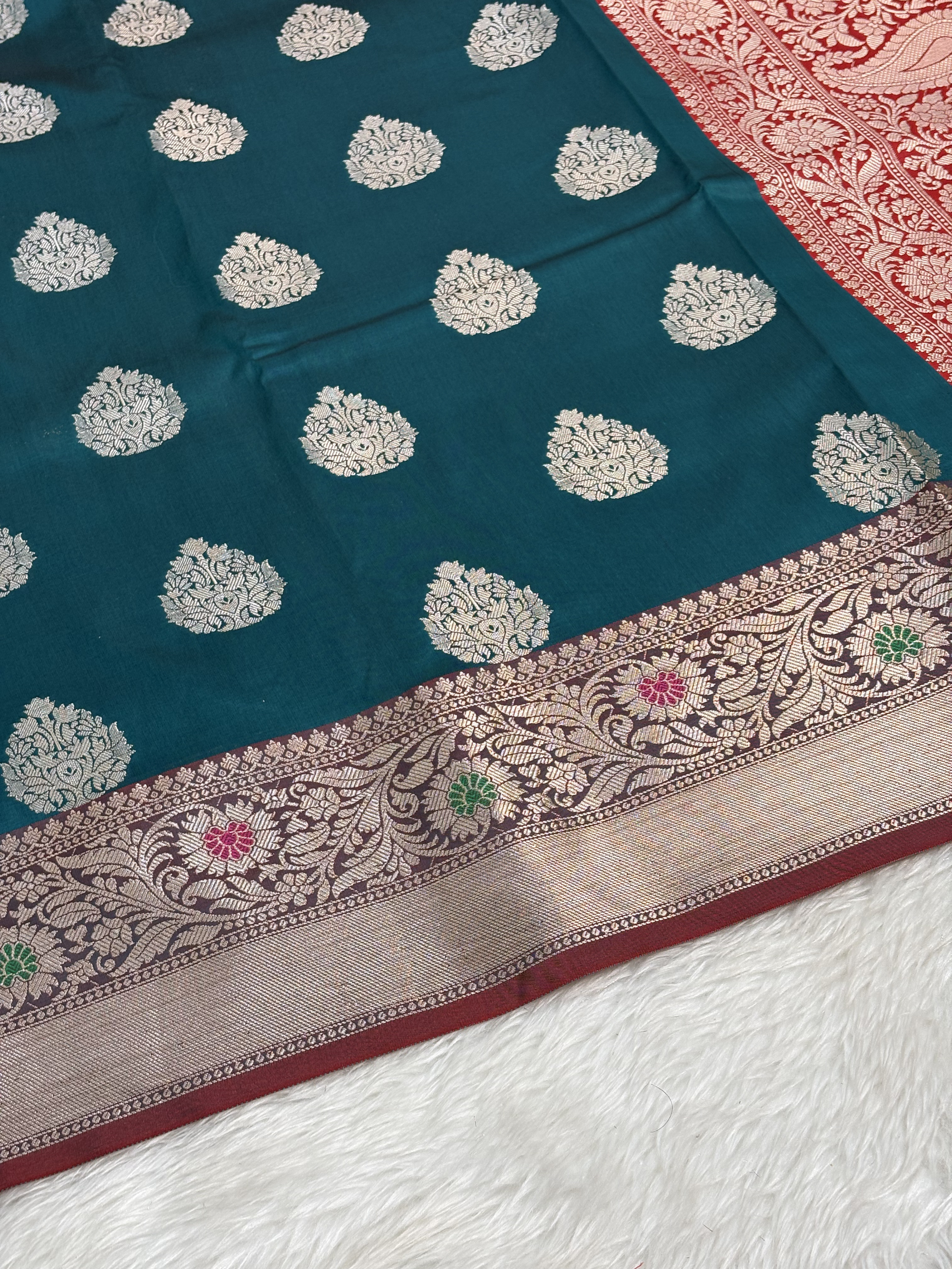 Royal Teal Blue Banarasi Buta Katan Silk Saree with Minakari Border