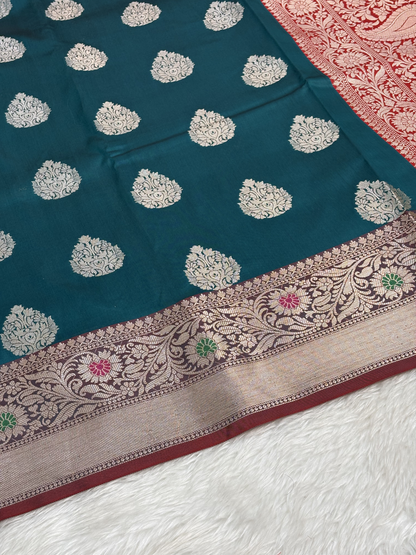 Royal Teal Blue Banarasi Buta Katan Silk Saree with Minakari Border