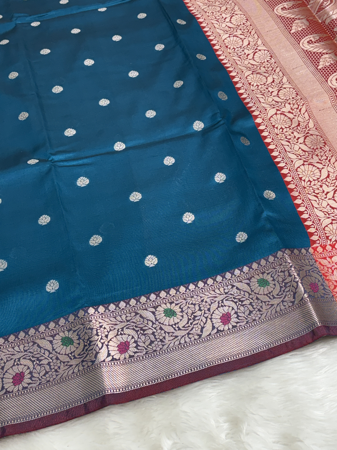 Ocean Teal Blue Banarasi Minakari Border Katan Silk Buti Weaving Saree