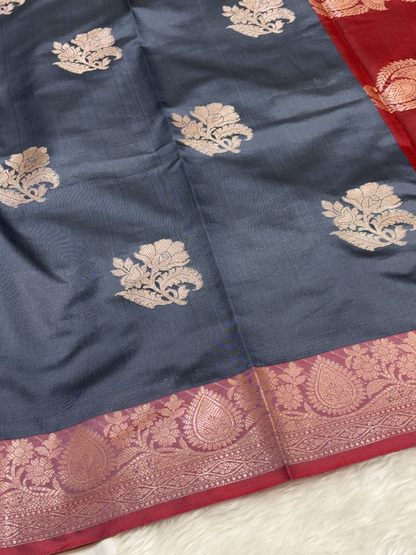 Smoky Slate Grey Soft Banarasi Katan Silk Buta Saree