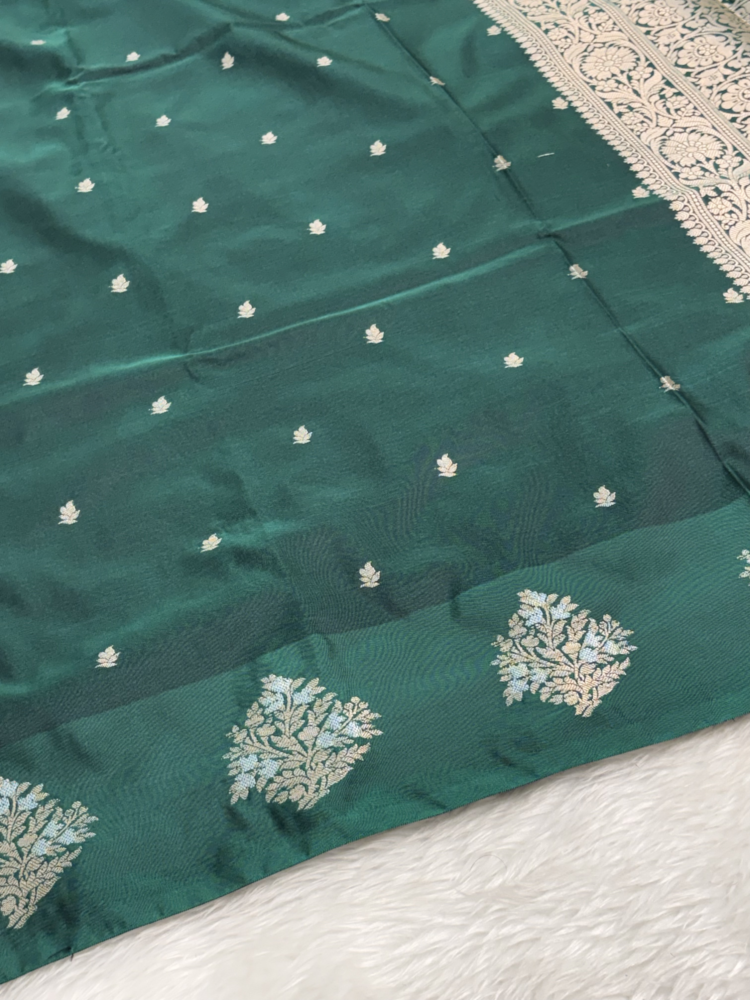 Emerald Teal Green Banarasi Katan Silk Saree with Satin Border
