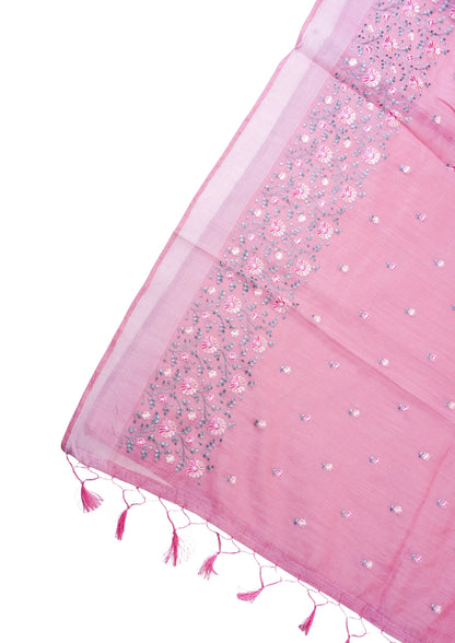 Baby Pink Pure Linen Saree with Grey and Pink Chikankari Embroidery