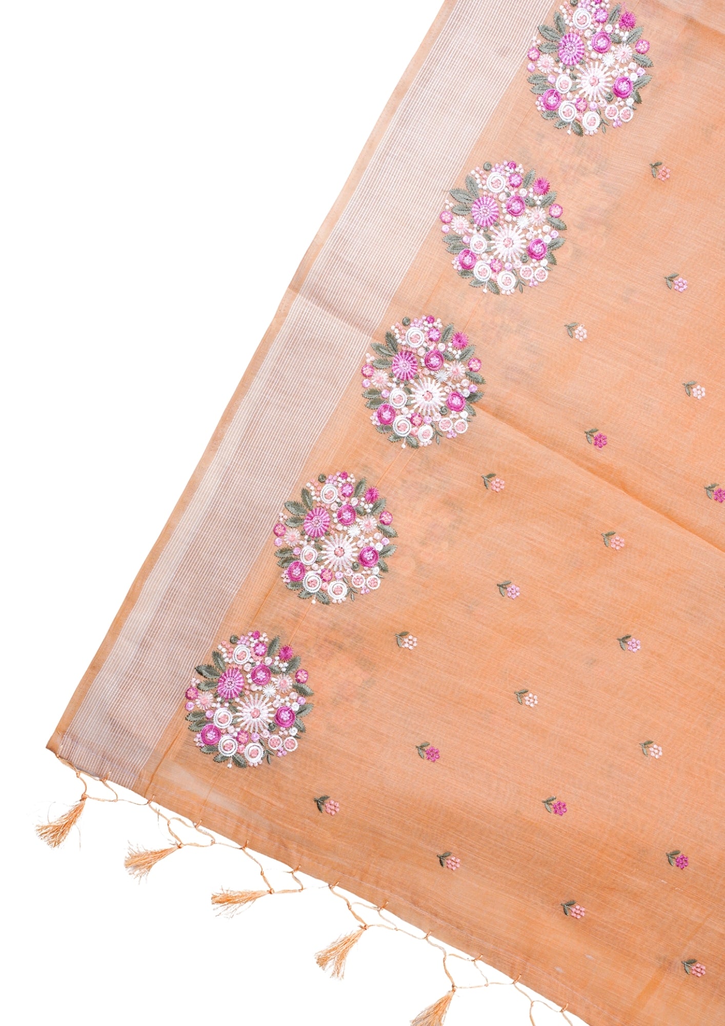 Peach Pure Linen Saree with Multicolor Chikankari Embroidery