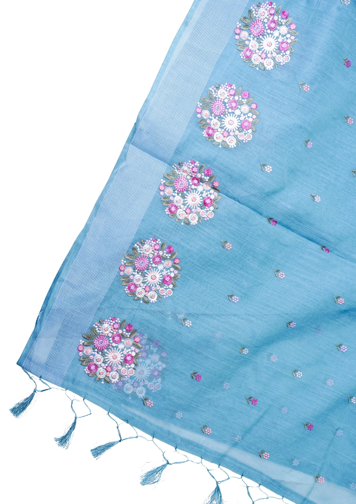 Sky Blue Pure Linen Saree with Multicolor Chikankari Embroidery
