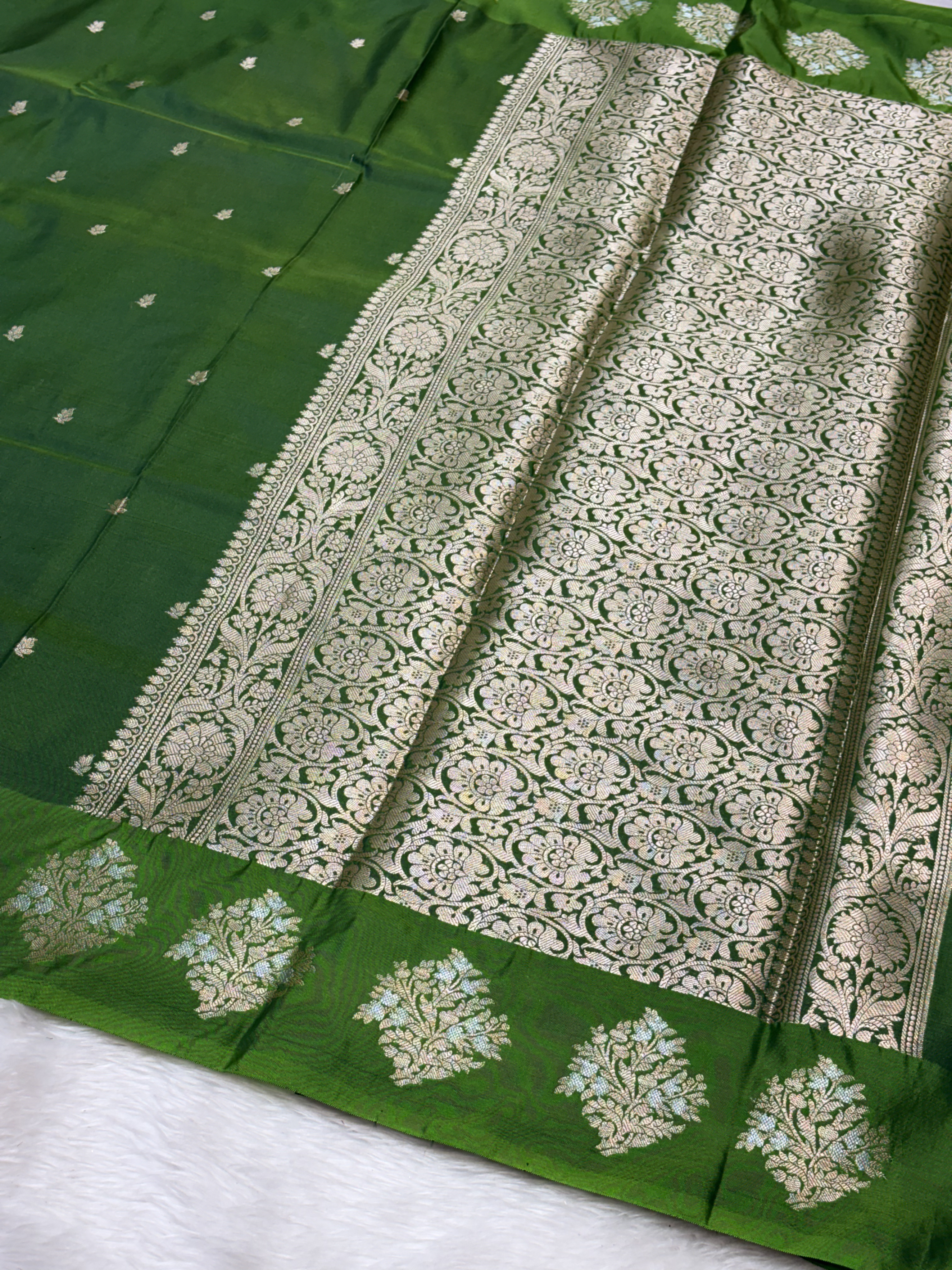 Forest Green Banarasi Katan Silk Saree with Satin Border