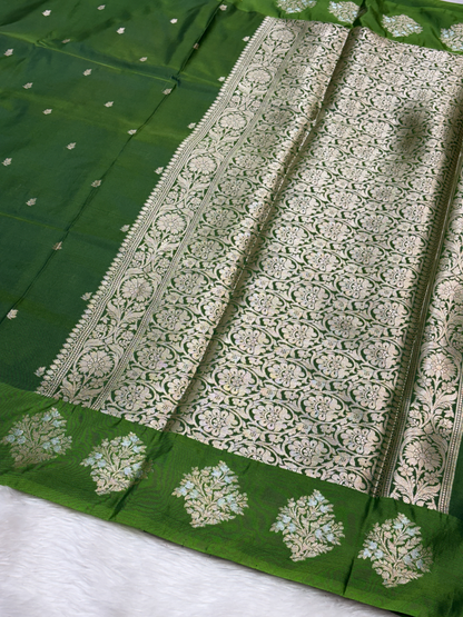 Forest Green Banarasi Katan Silk Saree with Satin Border