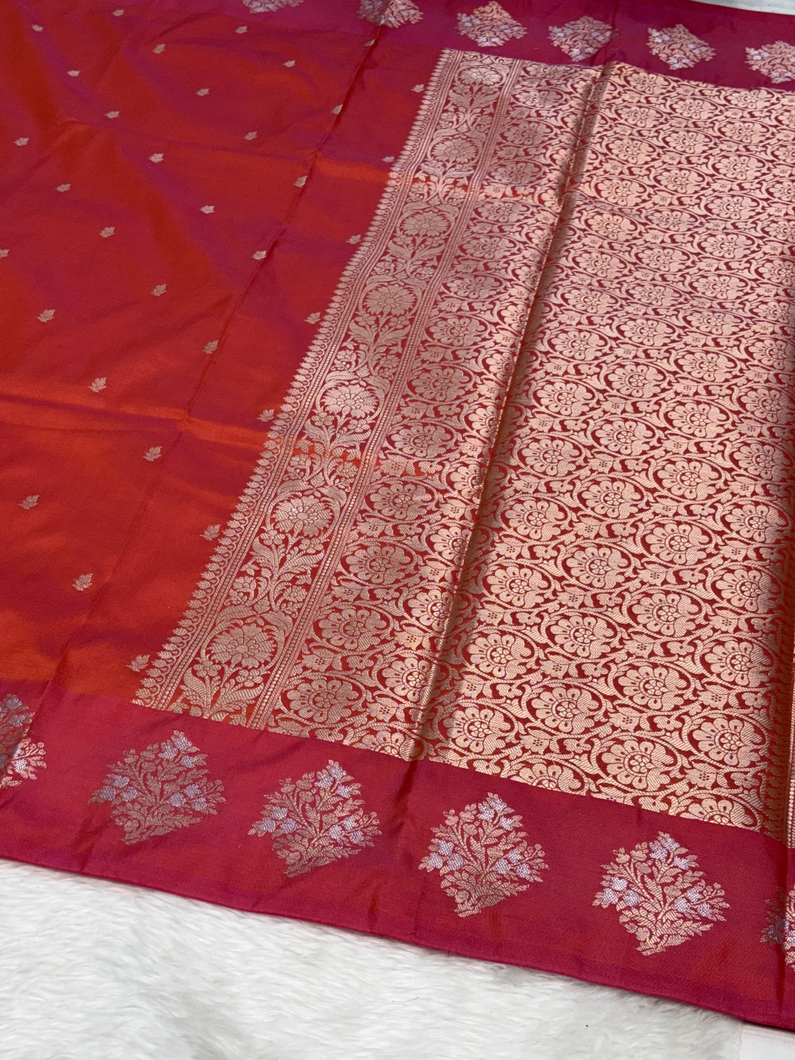 Sunset Rust Orange Banarasi Katan Silk Saree with Satin Border