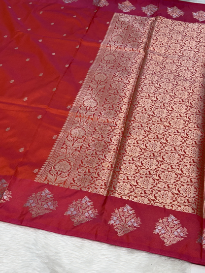 Sunset Rust Orange Banarasi Katan Silk Saree with Satin Border
