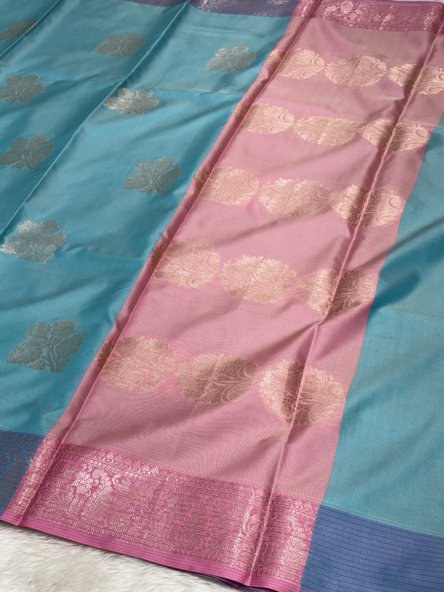 Aqua Mist Blue Soft Banarasi Katan Silk Buta Weaving Saree