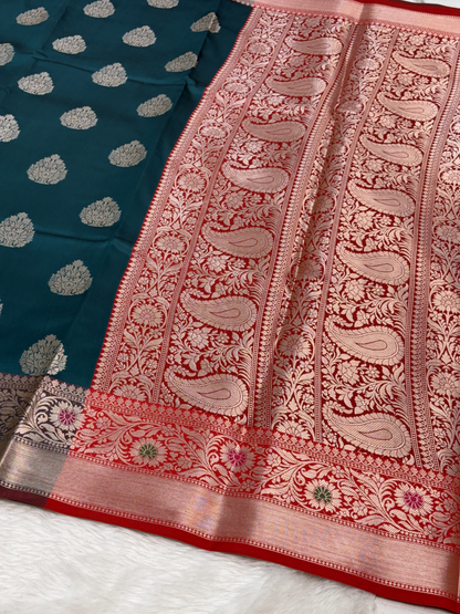Royal Teal Blue Banarasi Buta Katan Silk Saree with Minakari Border