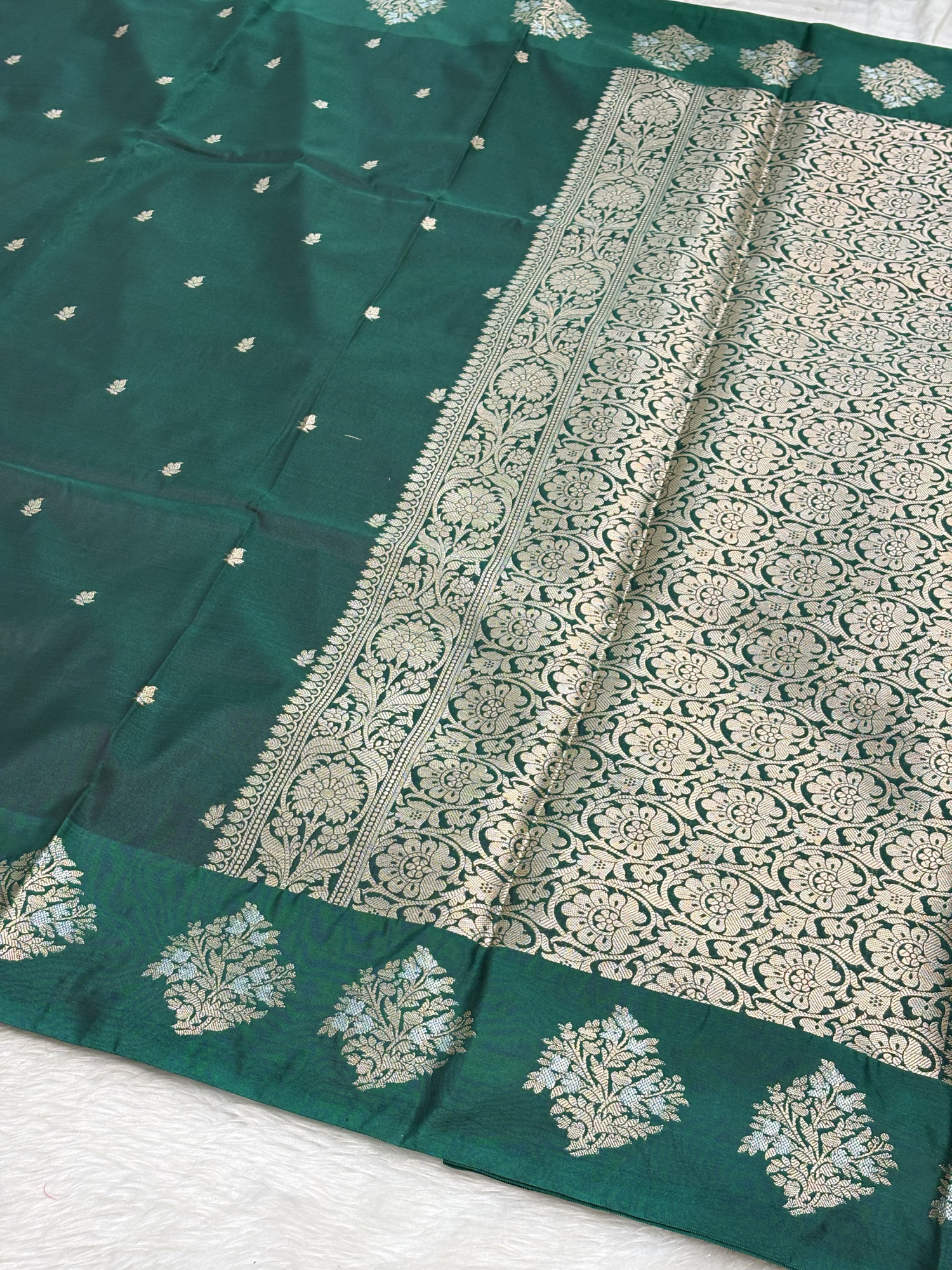 Emerald Teal Green Banarasi Katan Silk Saree with Satin Border