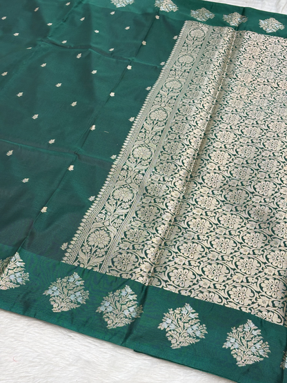Emerald Teal Green Banarasi Katan Silk Saree with Satin Border