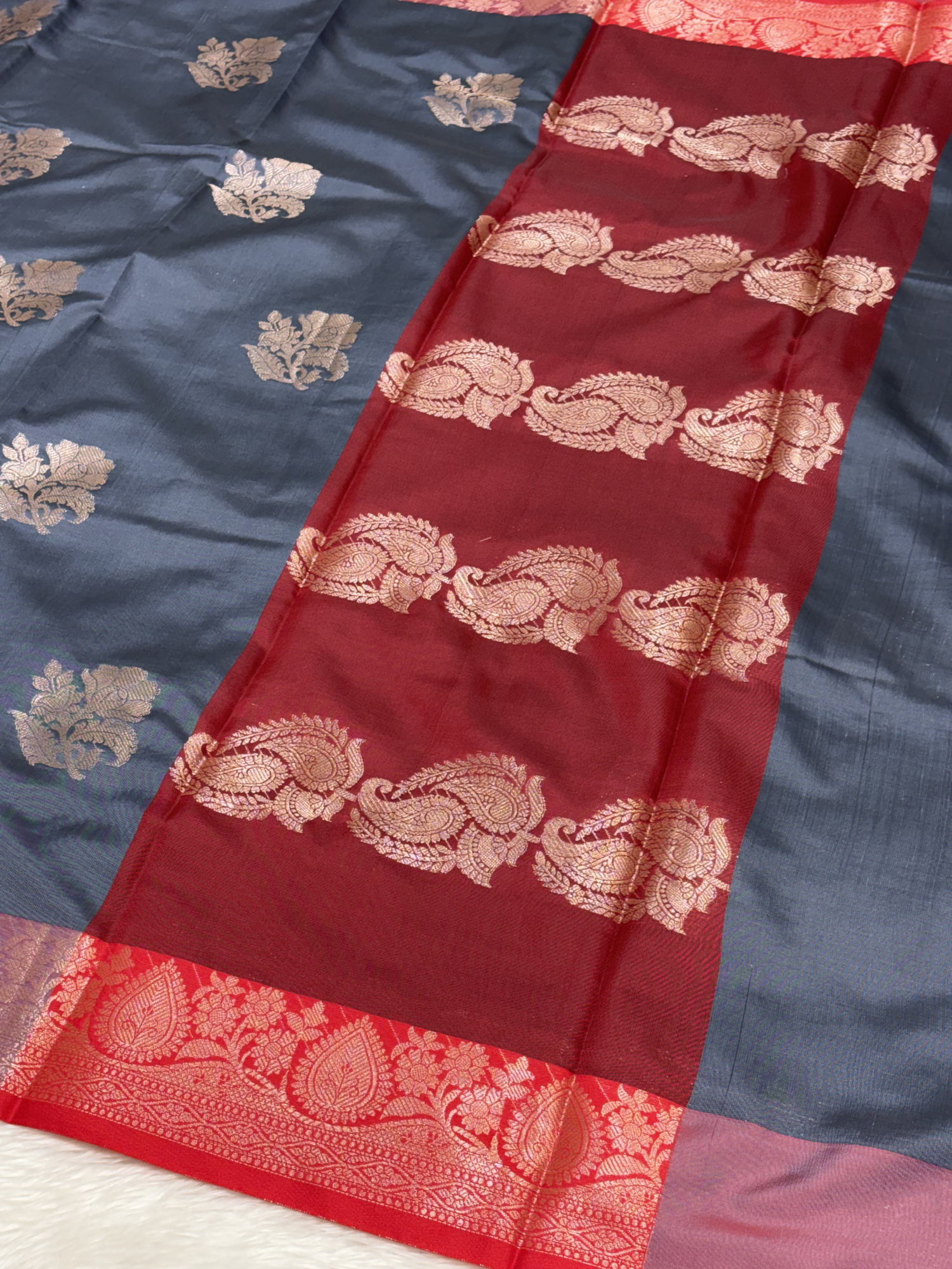 Smoky Slate Grey Soft Banarasi Katan Silk Buta Saree