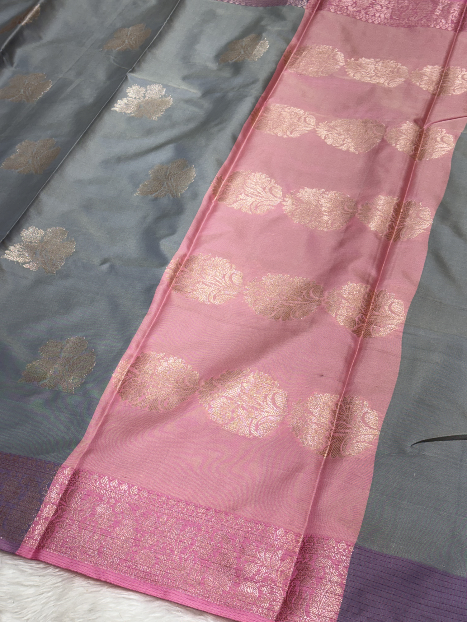 Smoky Ash Grey Soft Banarasi Katan Silk Buta Weaving Saree