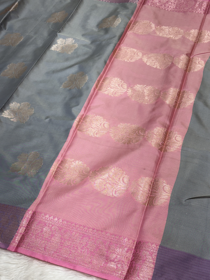 Smoky Ash Grey Soft Banarasi Katan Silk Buta Weaving Saree