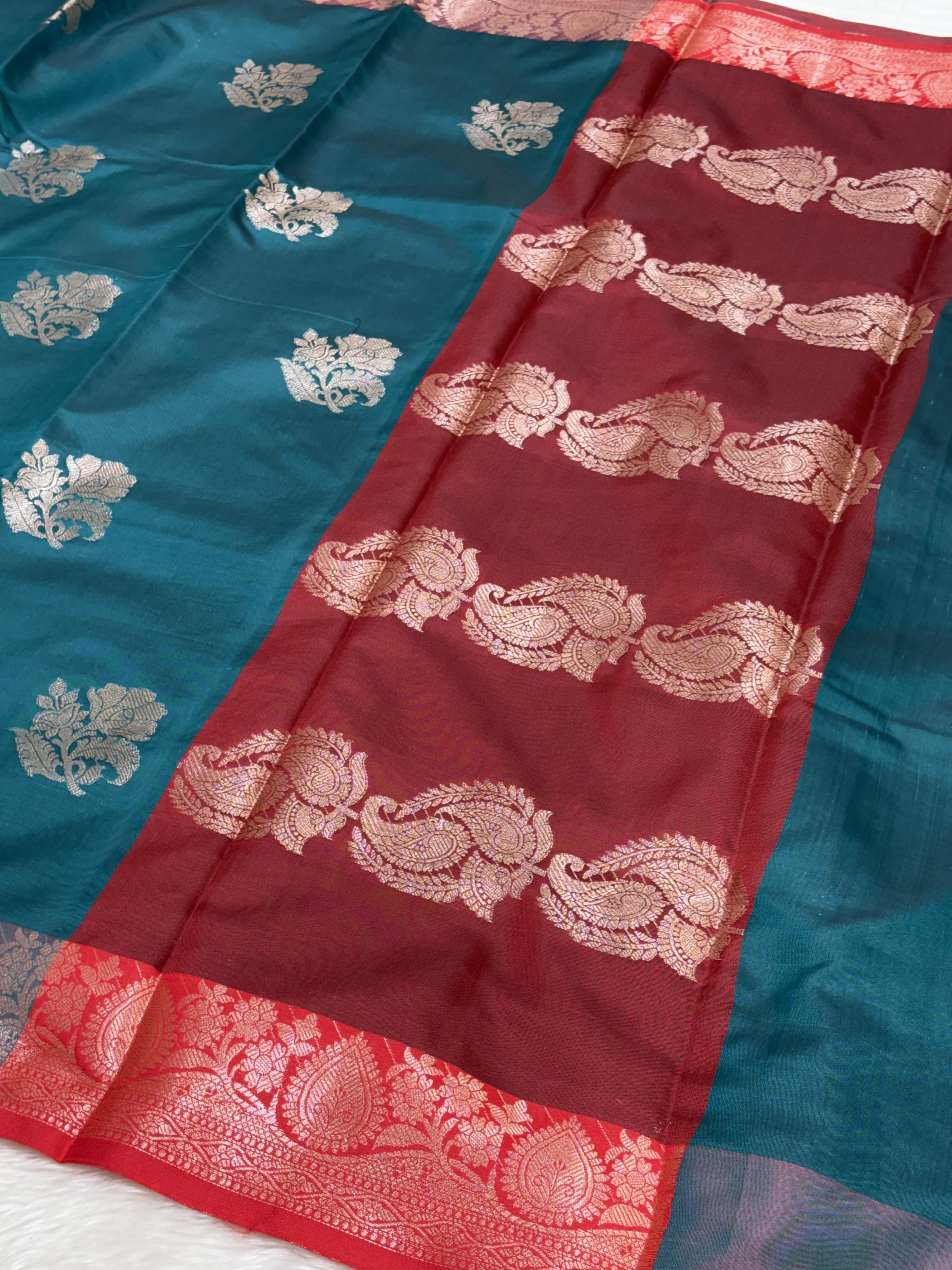 Deep Teal Blue Soft Banarasi Katan Silk Buta Saree