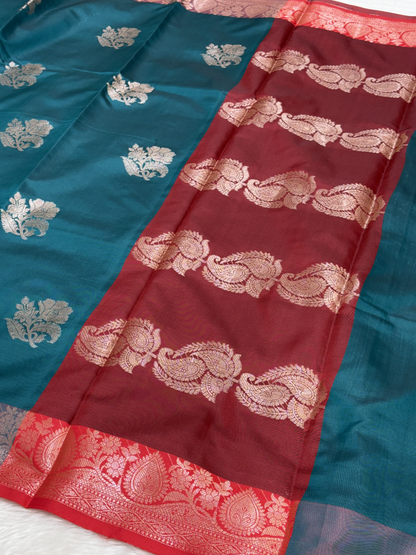 Deep Teal Blue Soft Banarasi Katan Silk Buta Saree