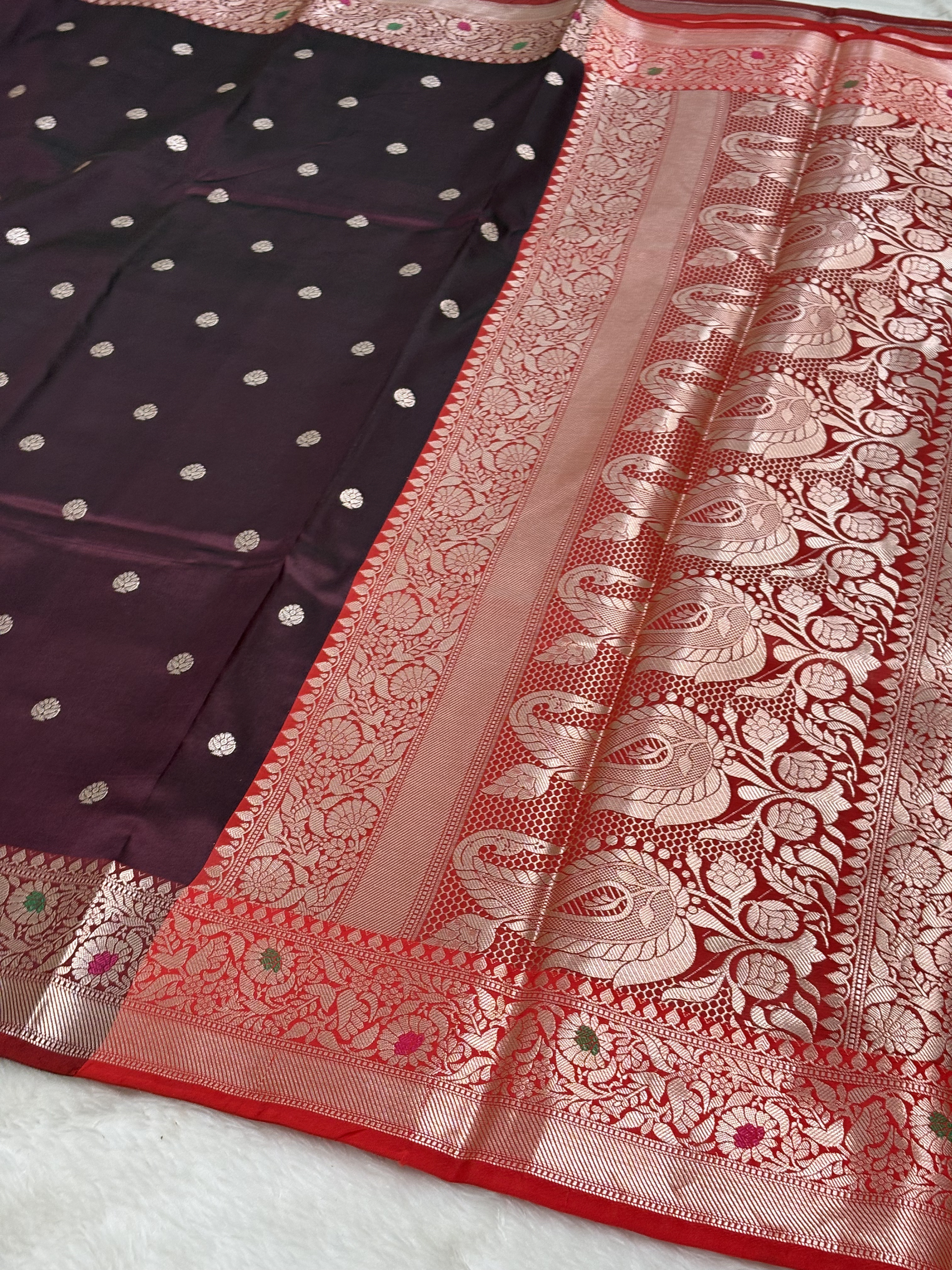 Antique Wine Purple Banarasi Minakari Border Katan Silk Buti Weaving Saree