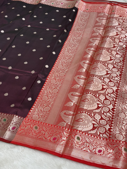 Antique Wine Purple Banarasi Minakari Border Katan Silk Buti Weaving Saree