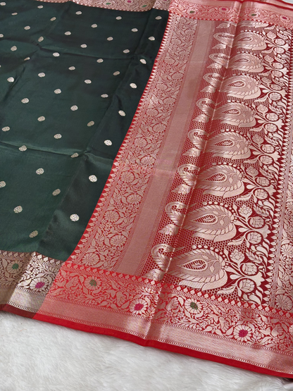 Deep Forest Green Banarasi Minakari Border Katan Silk Buti Weaving Saree