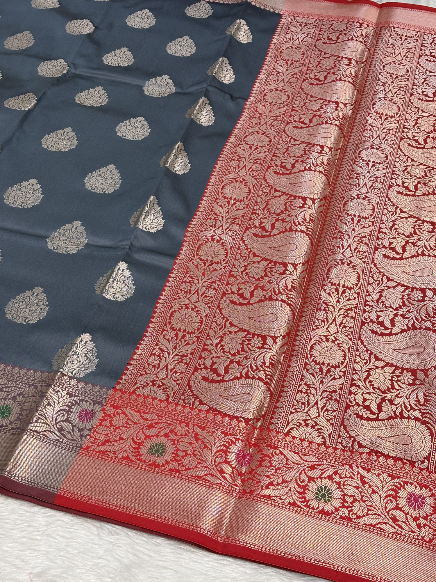 Steel Grey Banarasi Buta Katan Silk Saree with Minakari Border
