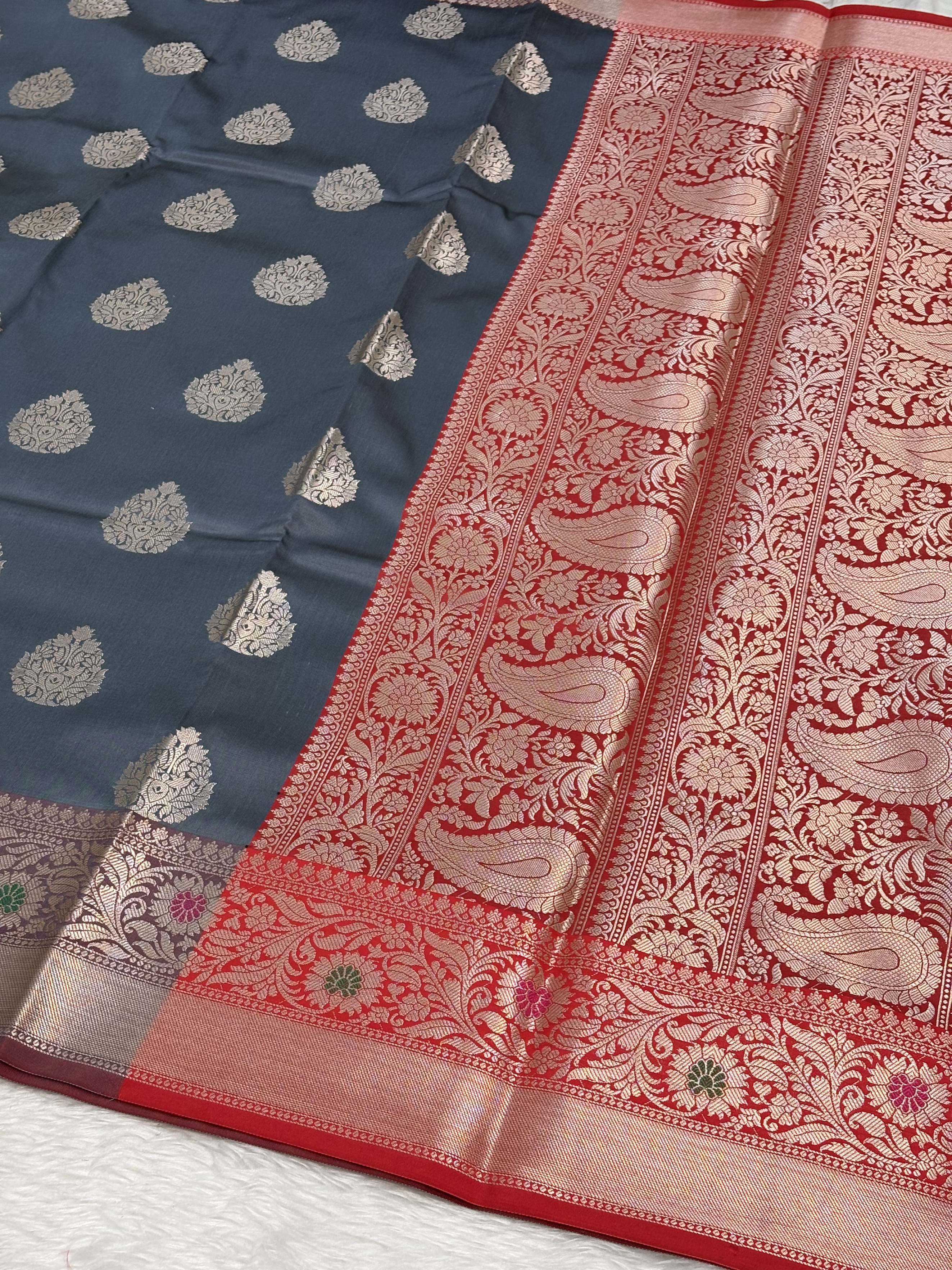 Steel Grey Banarasi Buta Katan Silk Saree with Minakari Border
