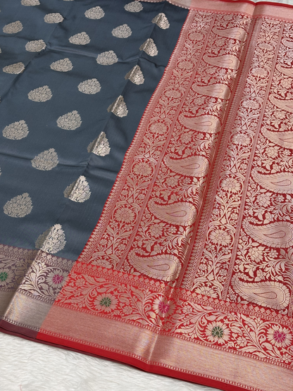 Steel Grey Banarasi Buta Katan Silk Saree with Minakari Border