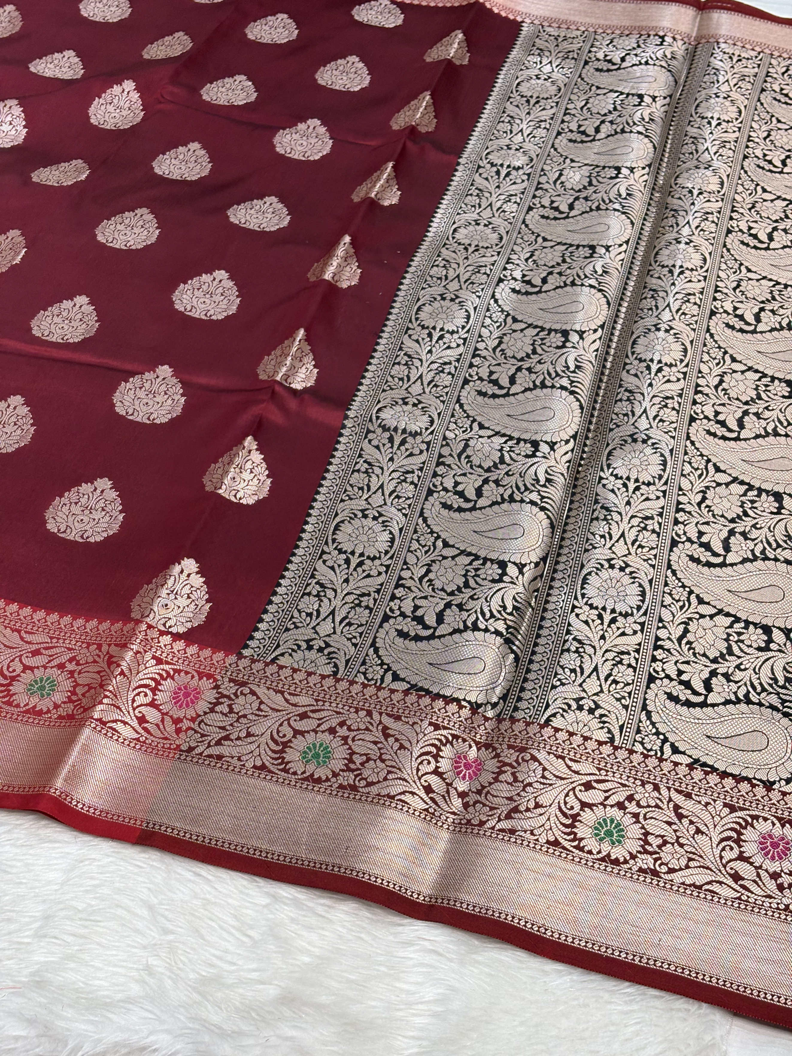 Deep Wine Red Banarasi Buta Katan Silk Saree with Minakari Borde