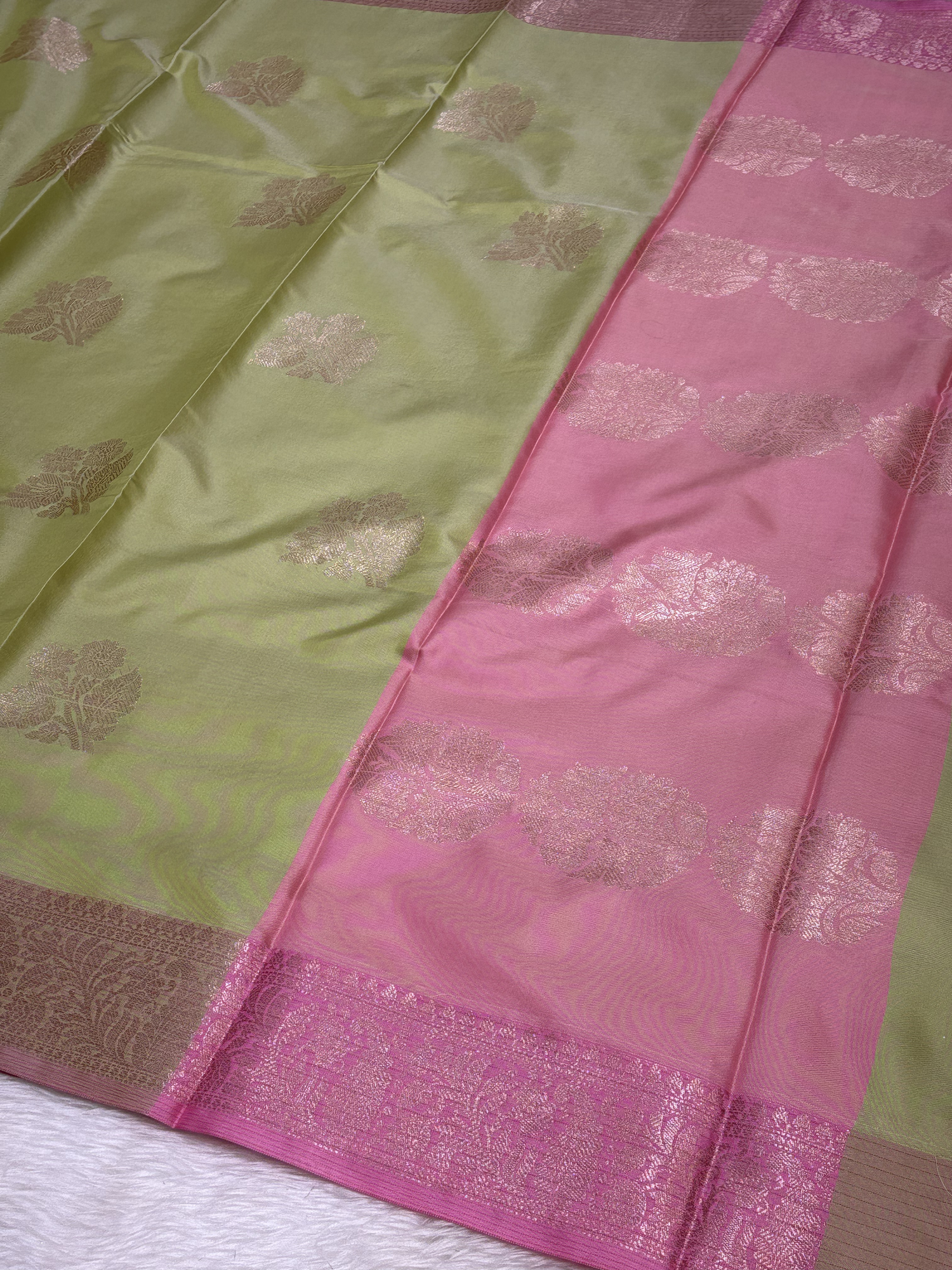 Olive Sage Green Soft Banarasi Katan Silk Buta Weaving Saree