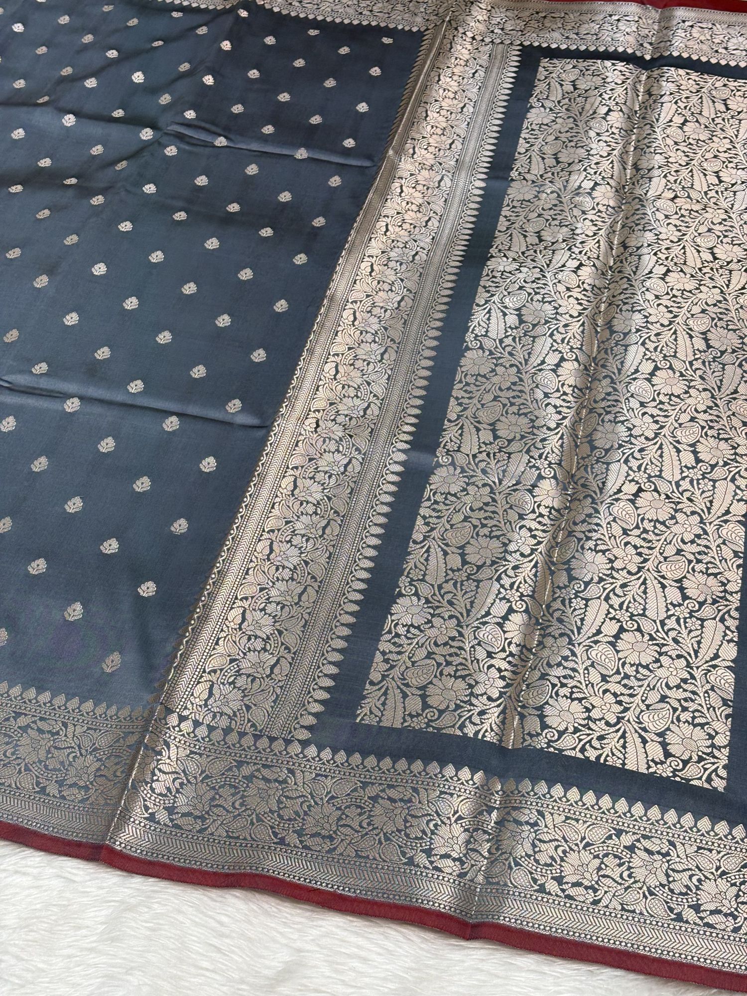 Smoky Slate Blue Katan Silk Banarasi Buti Saree