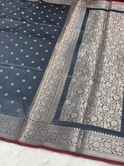 Smoky Slate Blue Katan Silk Banarasi Buti Saree