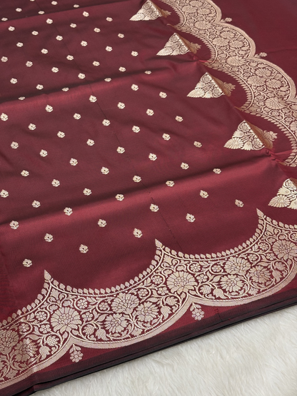 Choclate Brown Scallops Border Banarasi Katan Buti Saree
