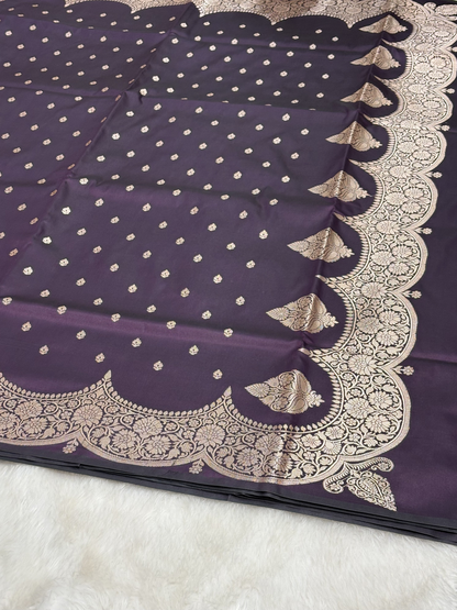 Dark Cocoa Brown Scallops Border Banarasi Katan Buti Saree