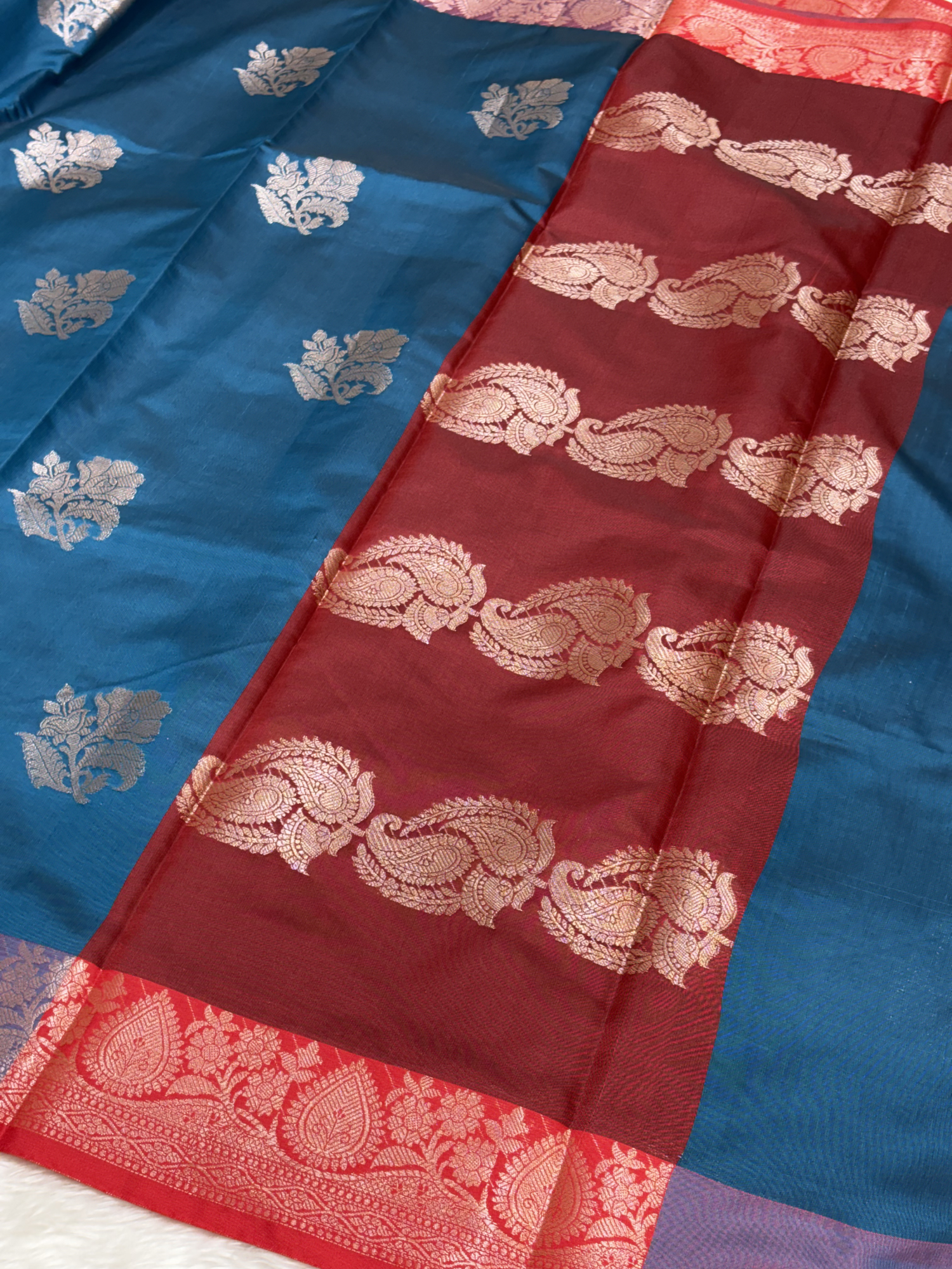 Steel Ocean Blue Soft Banarasi Katan Silk Buta Saree