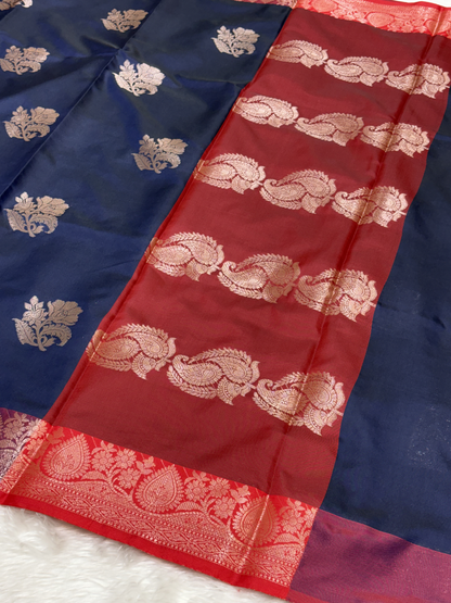 Midnight Navy Blue Soft Banarasi Katan Silk Buta Saree