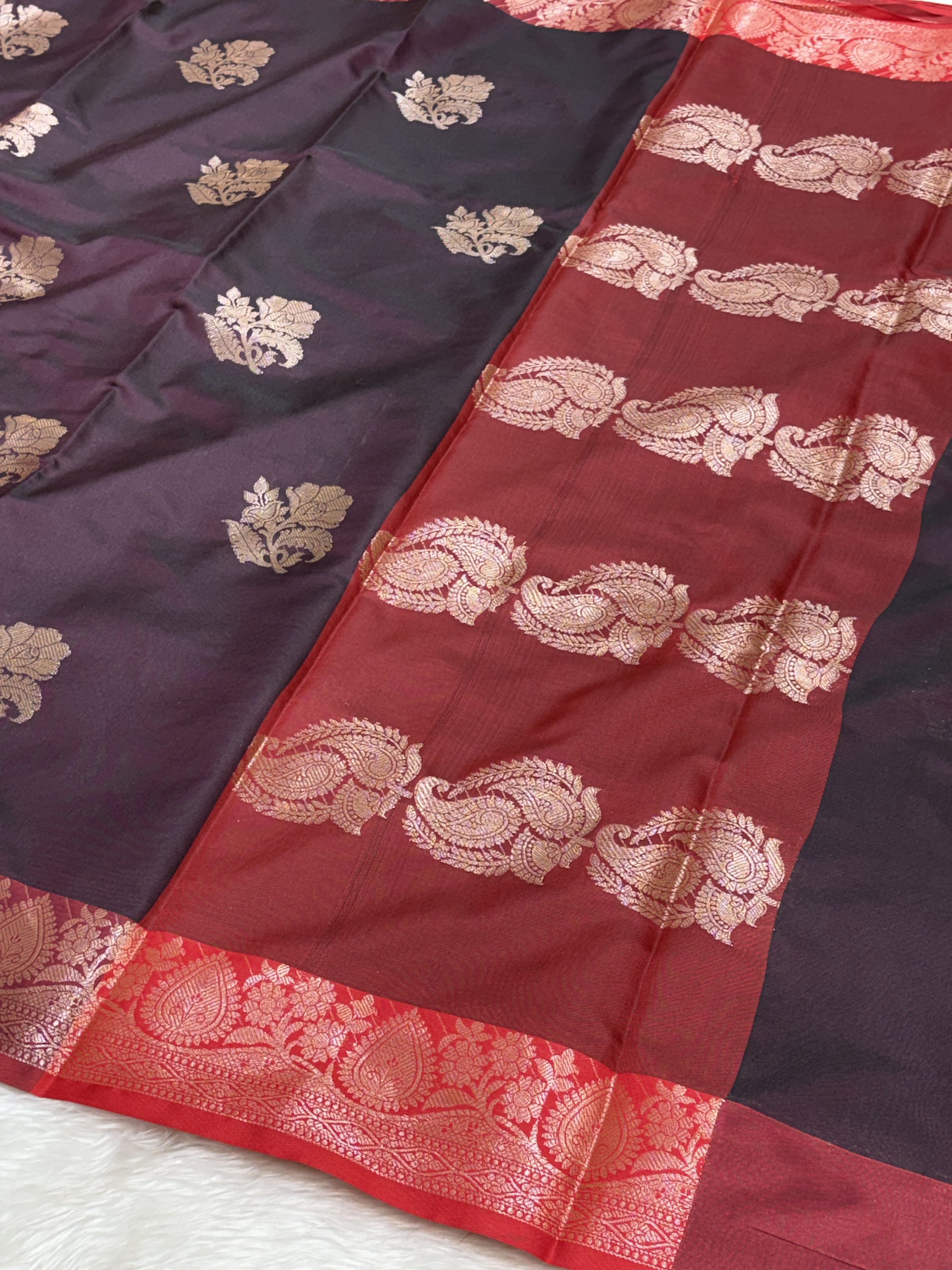Deep Cocoa Brown Soft Banarasi Katan Silk Buta Saree