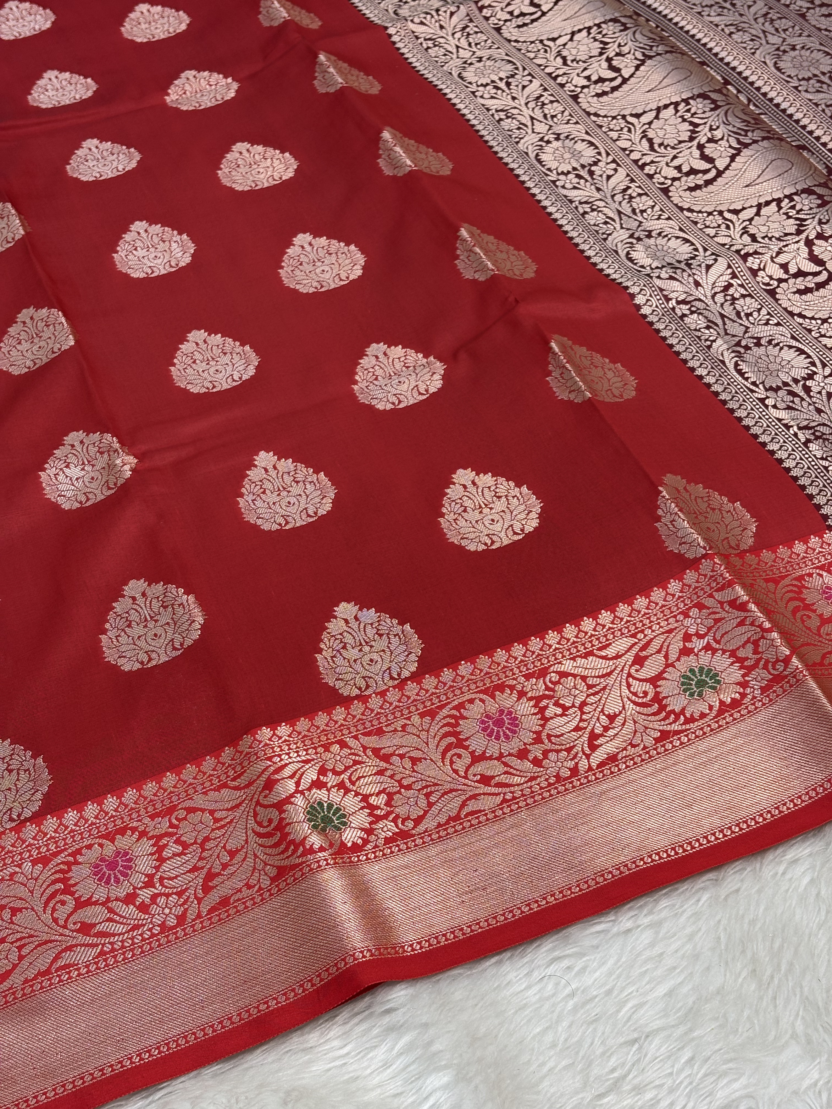 Royal Crimson Red Banarasi Buta Katan Silk Saree with Minakari Border