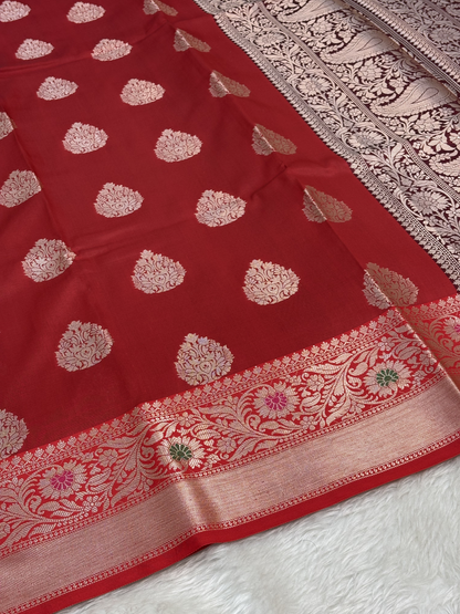 Royal Crimson Red Banarasi Buta Katan Silk Saree with Minakari Border