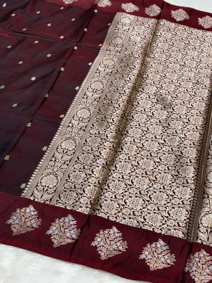 Cocoa Brown Banarasi Katan Silk Saree with Satin Border