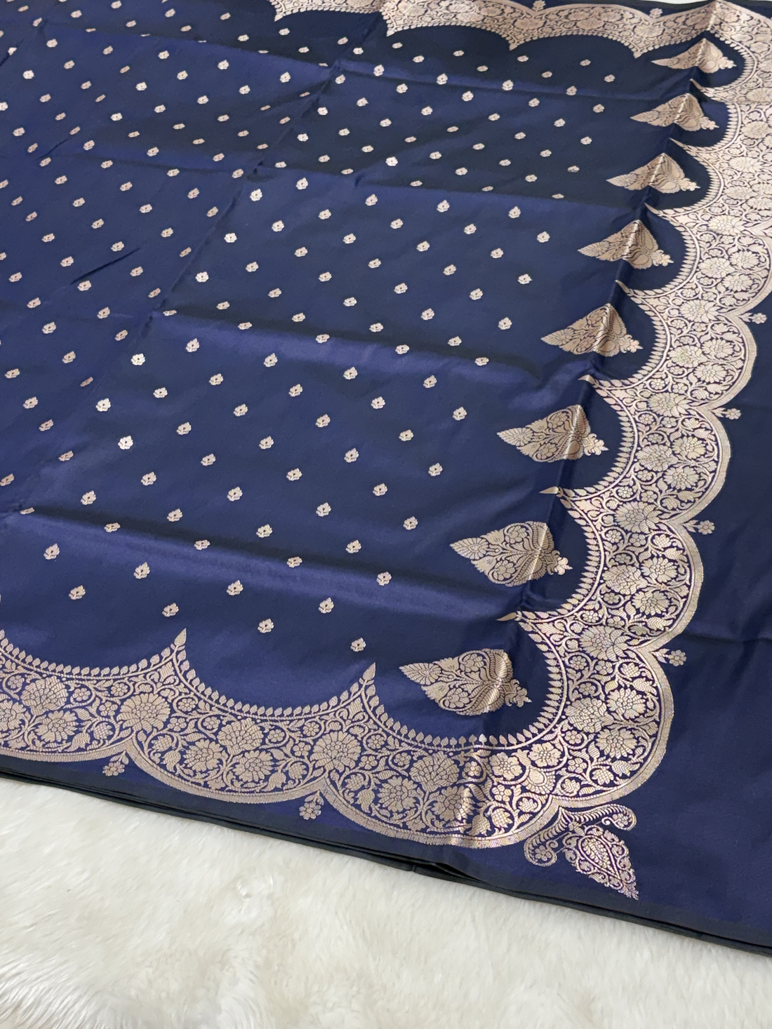Royal Indigo Blue Scallops Border Banarasi Katan Buti Saree