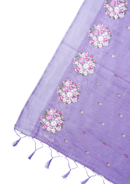 Lilac Linen Saree with Multicolor Floral Chikankari Embroidery