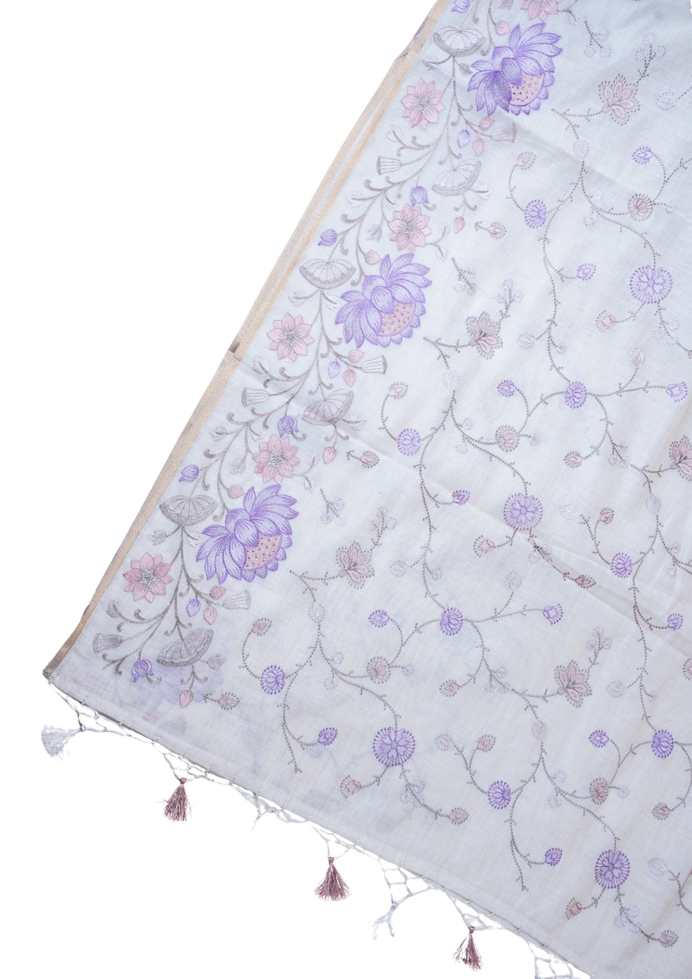 Off-White Cotton Saree with Multicolor Minakari Embroidery