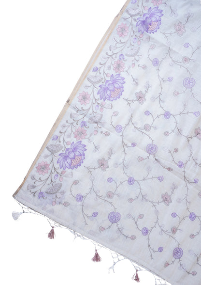 Off-White Cotton Saree with Multicolor Minakari Embroidery