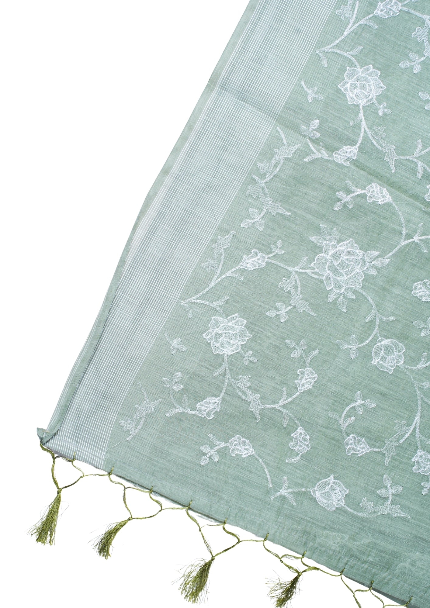 Sage Green Pure Linen Saree with White Chikankari Embroidery
