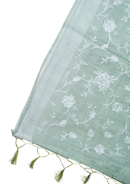 Sage Green Pure Linen Saree with White Chikankari Embroidery